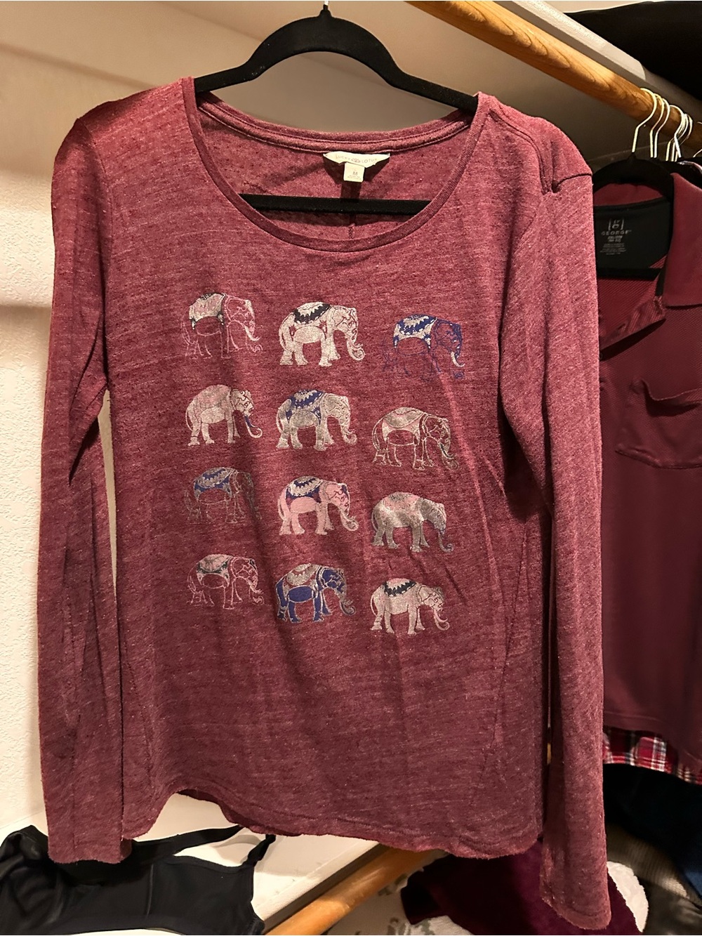 Women’s Long-Sleeve Elephant Print Top - Burgundy